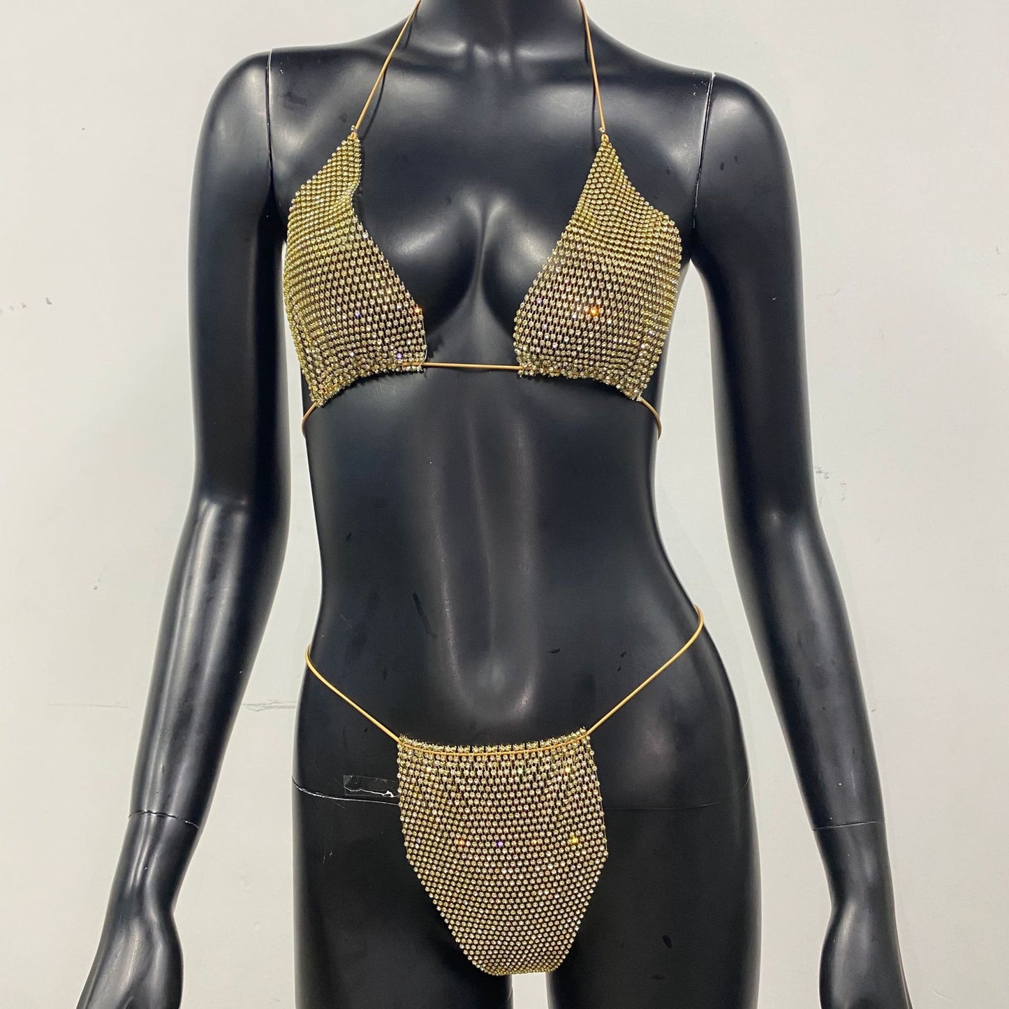 Bling Rhinestones Fishnet Bikini Women Halter Bra Sexy Panty 2 Piece Outfits Lady Lingerie Set Sexy Swimwear Women