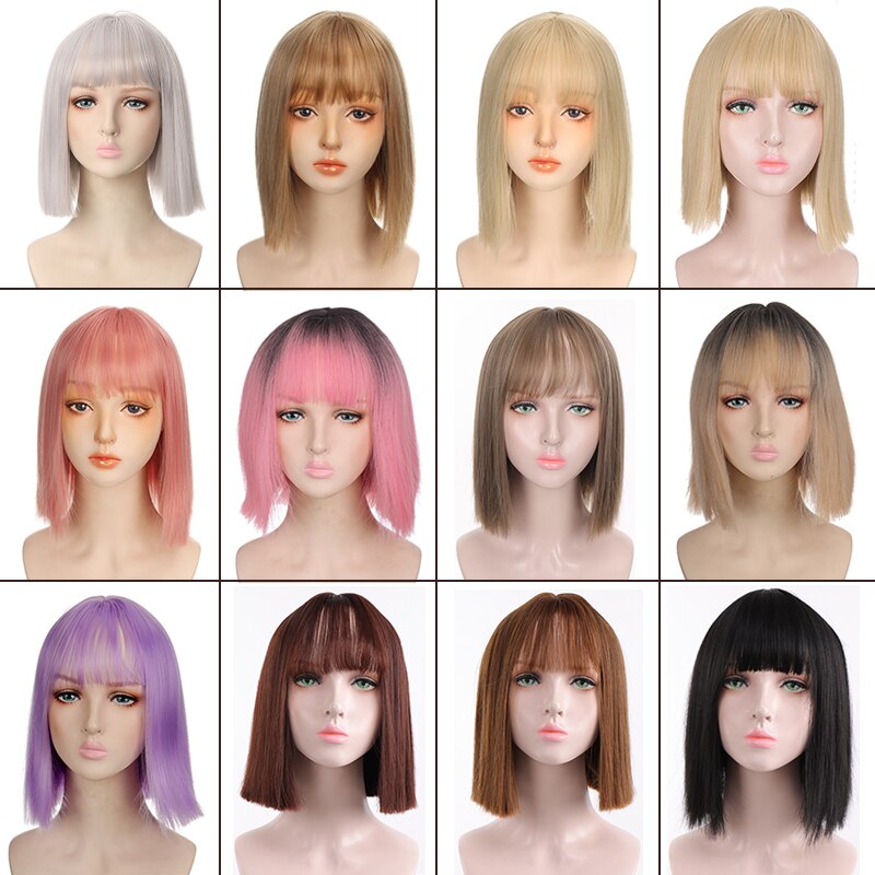 Synthetic Short Water Wave Cosplay Bob Wig with Bangs Heat-resistant Fiber Lolita Wigs For Women Daily Wear
