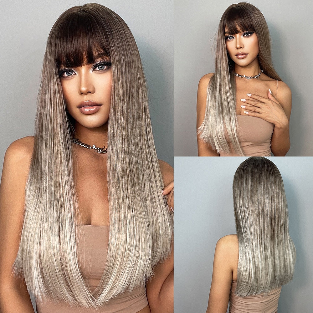 Long Straight Synthetic Wig Ombre Brown Blonde Golden Heat Resistant Wigs Cosplay Party Hair Wig