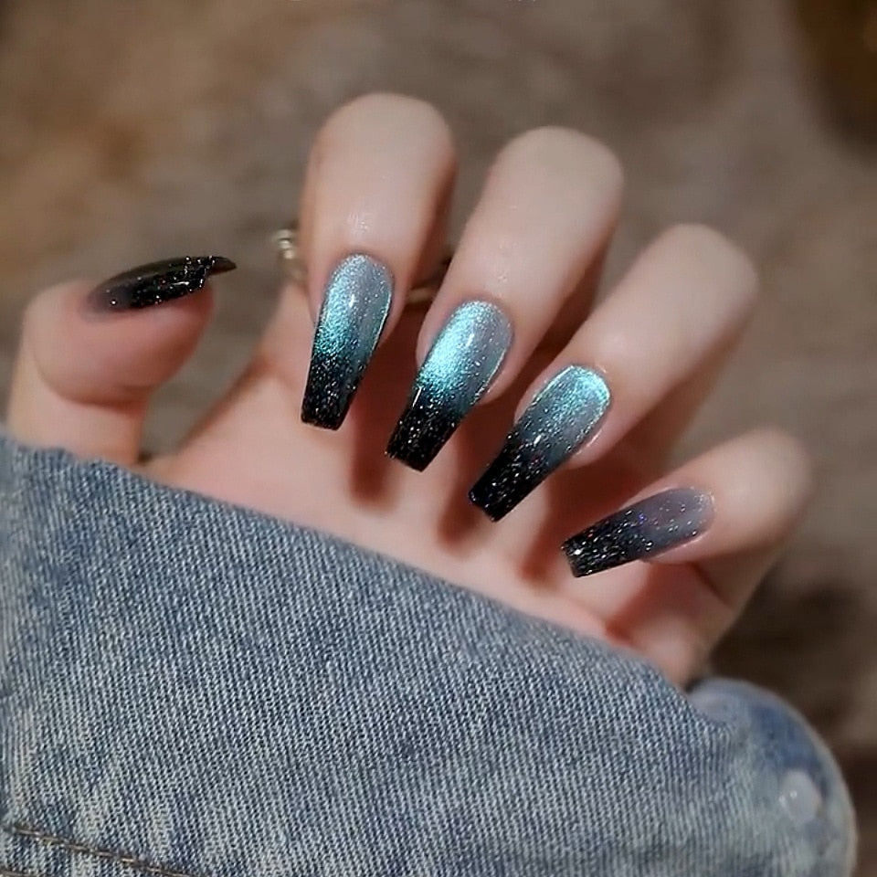 24pcs Cat Eye False Nail Deep Blue Color Fake Nail Tips Full Cover Nail Art Long Coffin Ballet Press on Nail Manicure Nail Tips