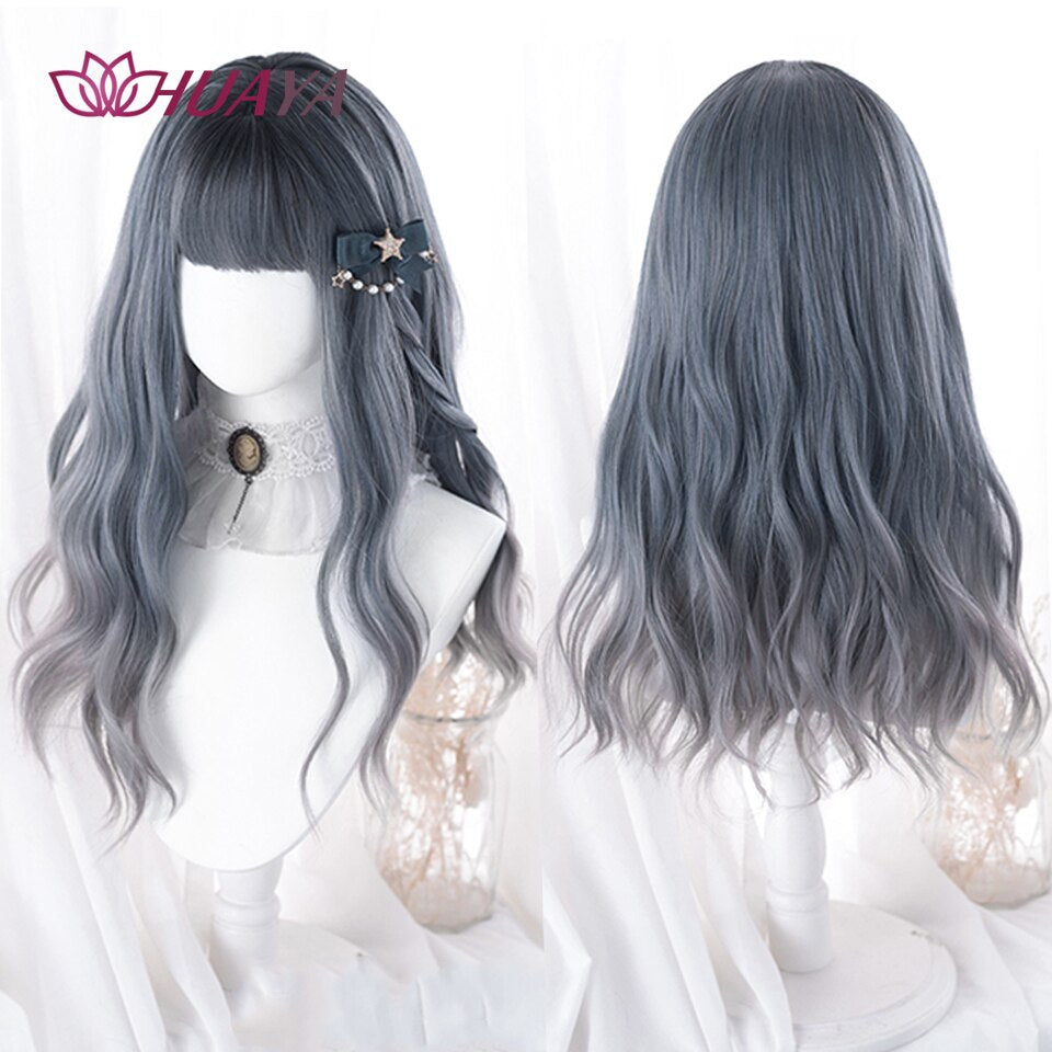 Long Straight Wig with Bangs Purple-White Heat Resistant Synthetic Hair Wigs for African American Girl Lolita Cosplay Wig