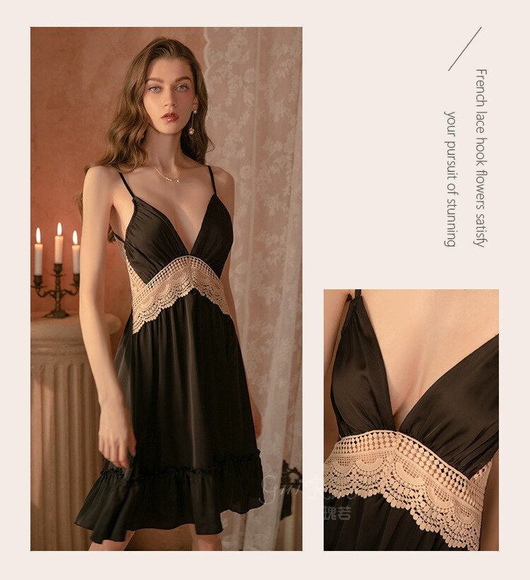 Summer Women Nightgowns Sexy Sleepwear Spaghetti Strap Babydoll Chemise Backless Loungewear Lace Short Nightdress