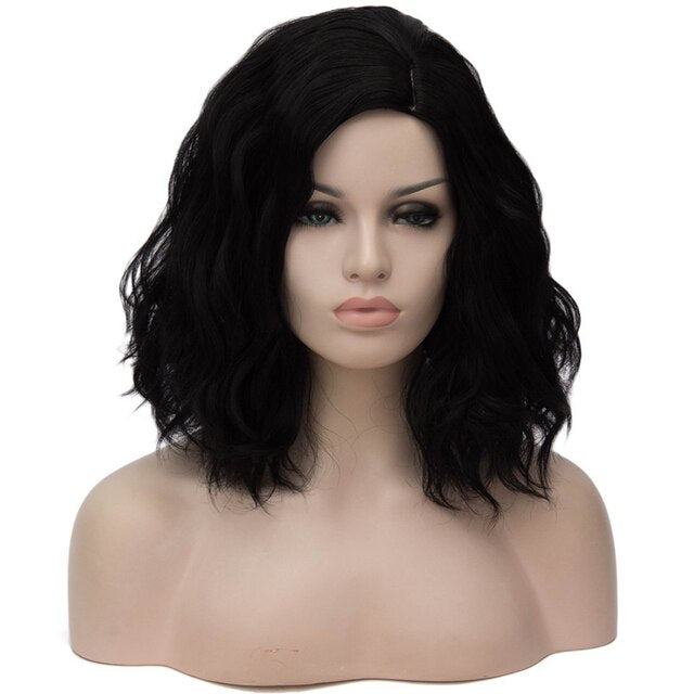 Anime Cruella De Vil Short Cruly Half Black And Half White Wavy Band Bangs Ladies Cosplay Wig Synthetic Halloween Wig + Wig Cap