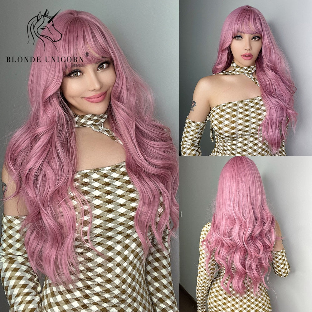 Blonde Unicorn Synthetic Long Wavy Wig Ombre Purple to Blue For WOMEN Cosplay halloween Wigs Heat Resistant Fiber Bangs Hair