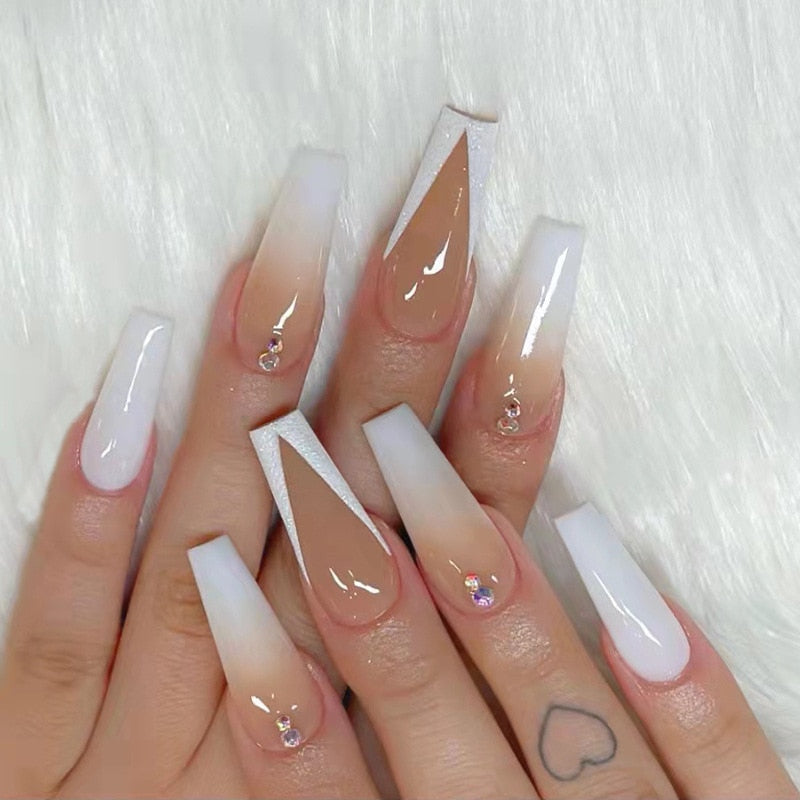 24Pcs Wearable False Nails with glue Long Ballerina Pink Press On Nails French Full Cover Coffin Fake Nails tip with rhinestones