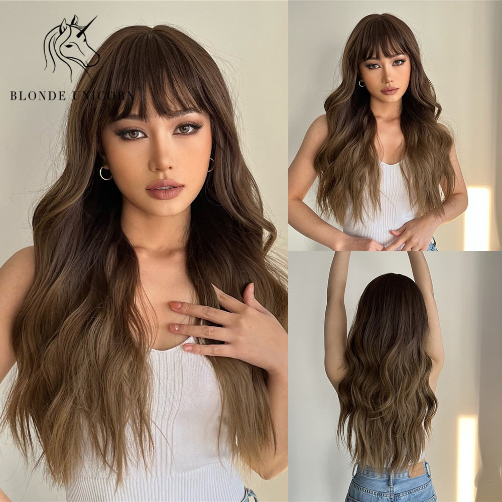 Blonde Unicorn Synthetic Long Wavy Wig Ombre Purple to Blue For WOMEN Cosplay halloween Wigs Heat Resistant Fiber Bangs Hair