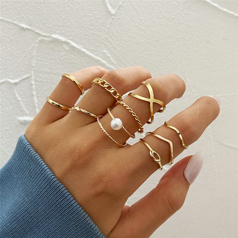 Vintage Bohemian Butterfly Gold Color Ring Sets Zircon Flower Leaf Open Rings for Women Simple Knuckle Accessories