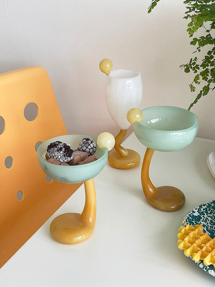 Creative Colored Glass Goblet Ice Cream Bowl Glass Cup Cold Drink Fruit Tea Cup Dessert Cup Decorative Glass Cup