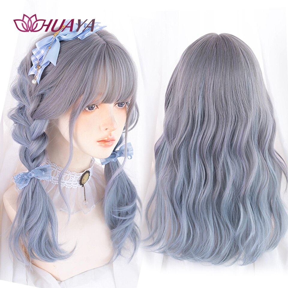 Long Straight Wig with Bangs Purple-White Heat Resistant Synthetic Hair Wigs for African American Girl Lolita Cosplay Wig