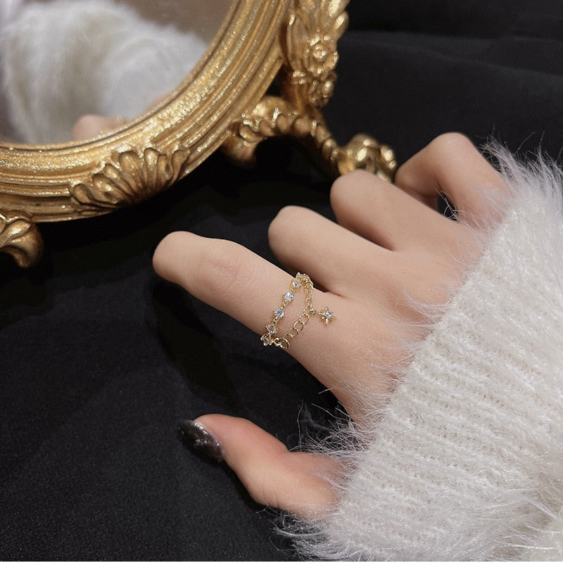Winter Hexagram Women Rings 14k Gold Finishes Adjustable Tassels Cute Romantic Gifts