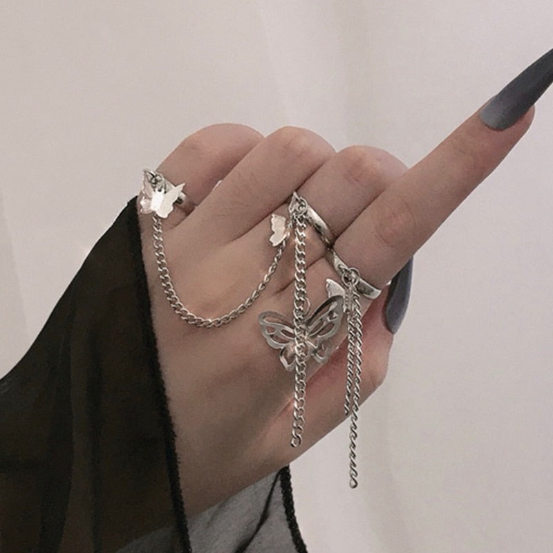 Vintage Boho Crystal Butterfly Flower Rings Set For Women Elegant Geometric Leaf Chain Tassel Knuckle Finger Rings Party Jewelry