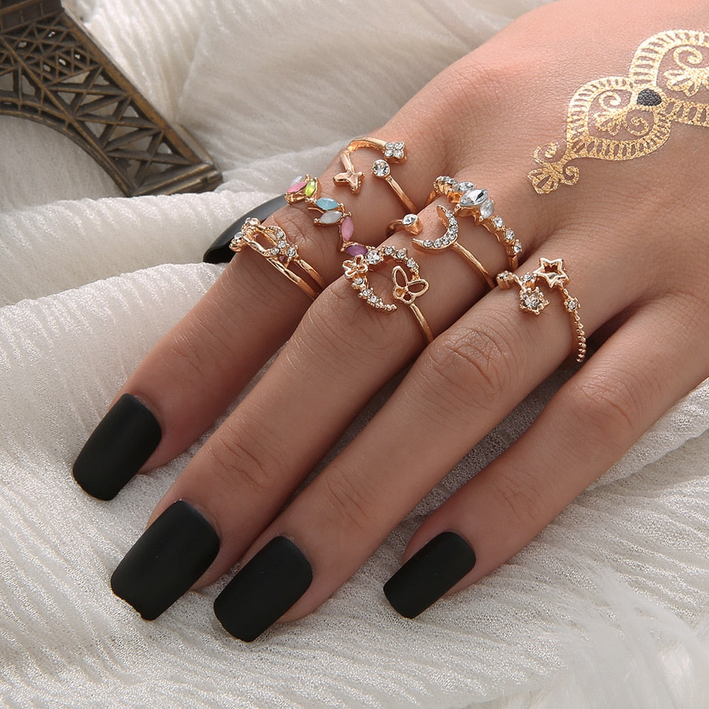 Vintage Boho Crystal Butterfly Flower Rings Set For Women Elegant Geometric Leaf Chain Tassel Knuckle Finger Rings Party Jewelry