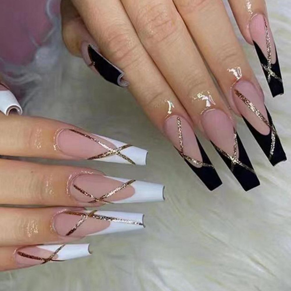 24pcs/Box Glitter Coffin False Nails Pink/White Heart Design French Ballerina Fake Nails Full Cover Nail Tips Press On Nails