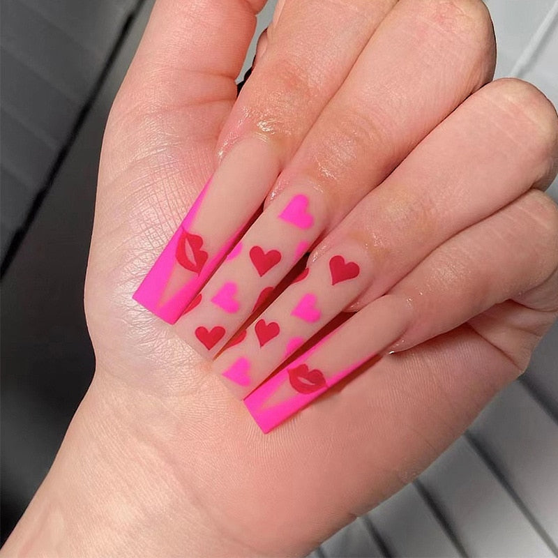 24Pcs Wearable False Nails with glue Long Ballerina Pink Press On Nails French Full Cover Coffin Fake Nails tip with rhinestones