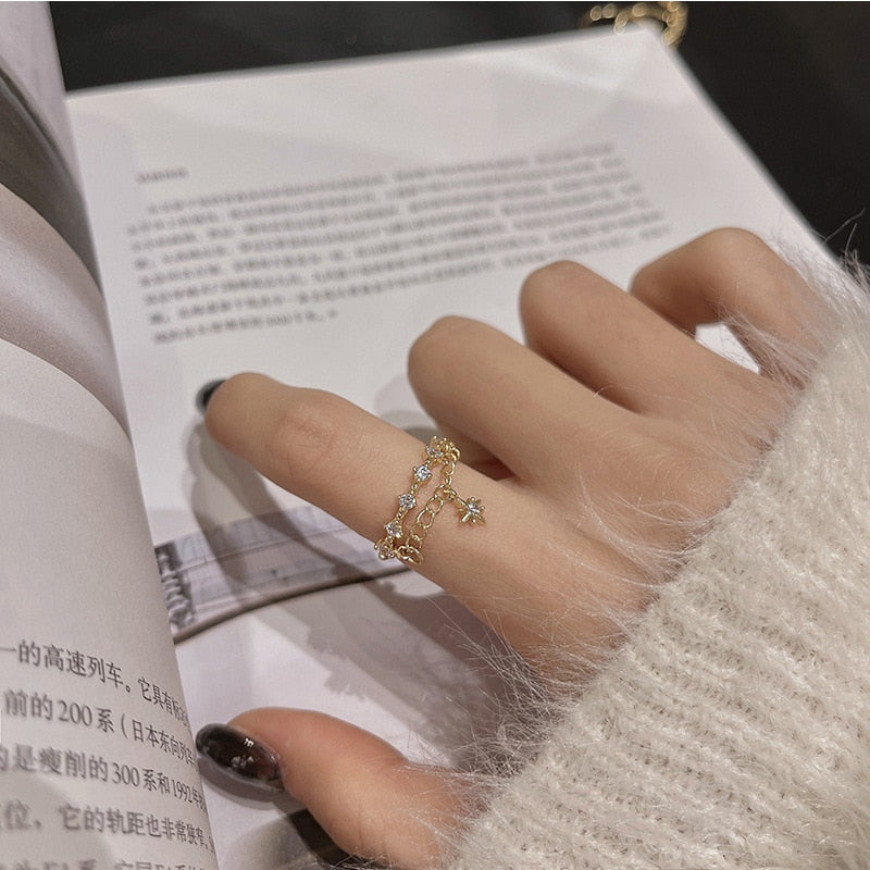 Winter Hexagram Women Rings 14k Gold Finishes Adjustable Tassels Cute Romantic Gifts