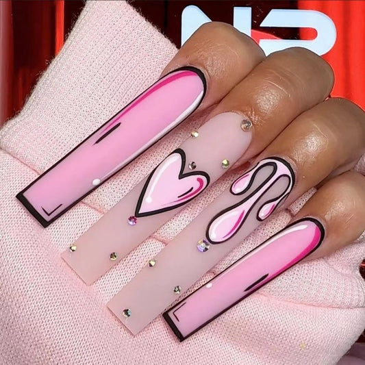 24pcs Long Ballerina False Nails Pink Heart Love Rhinestones Rose Designs Fake Nails Press on Full Cover Wearable Acrylic Tips