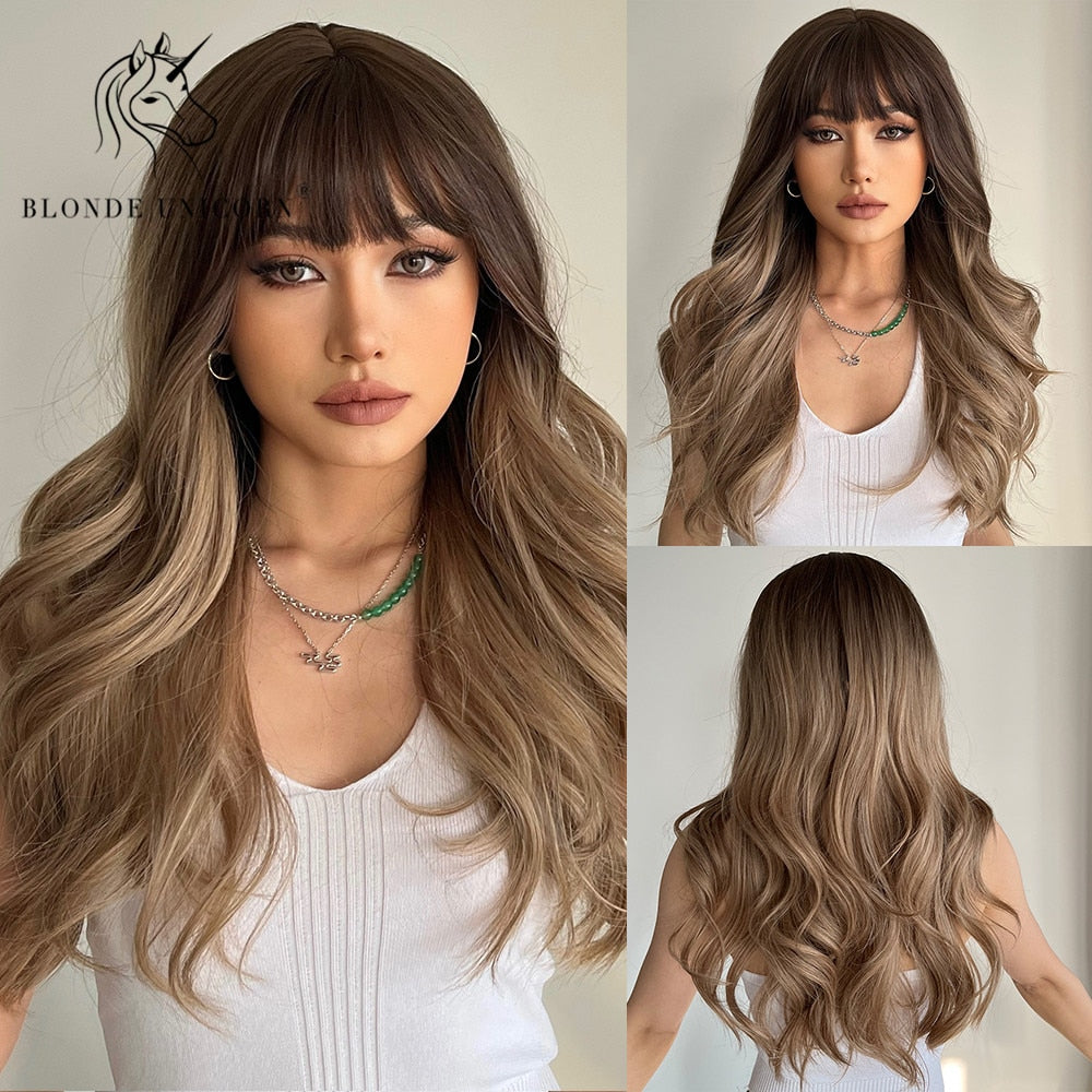 Blonde Unicorn Synthetic Long Wavy Wig Ombre Purple to Blue For WOMEN Cosplay halloween Wigs Heat Resistant Fiber Bangs Hair