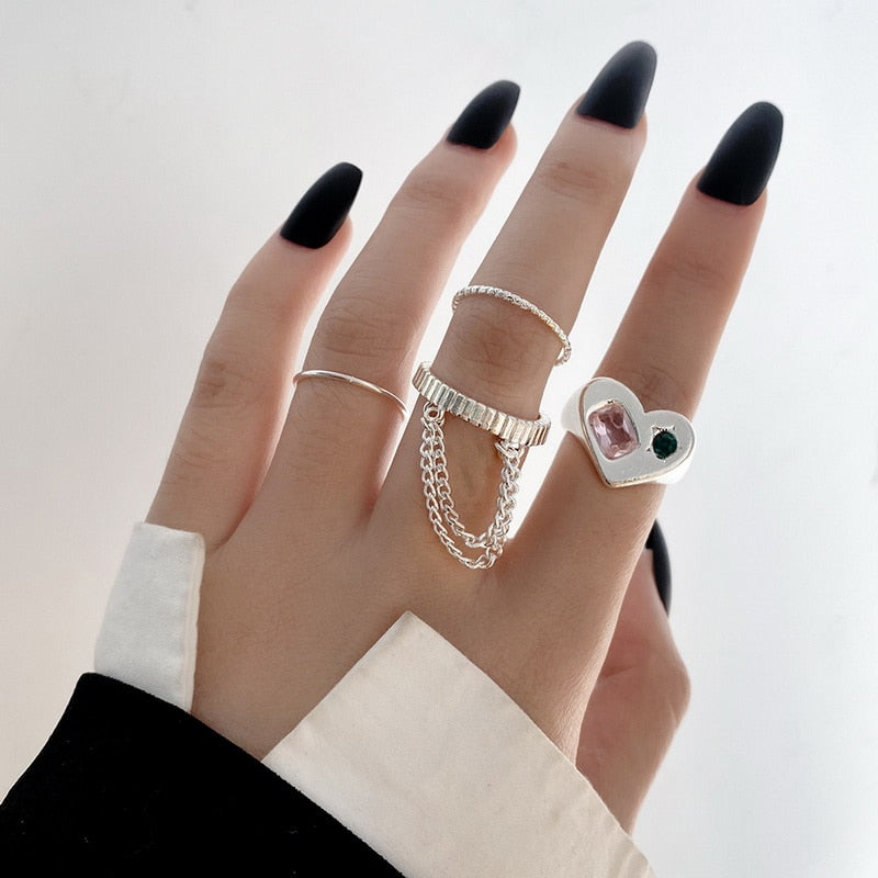 Punk Girl Love Heart Rings Set For Women Personality Harajuku Chain Tassel Silver Color Geometric Ring Gothic Party Jewelry Gift