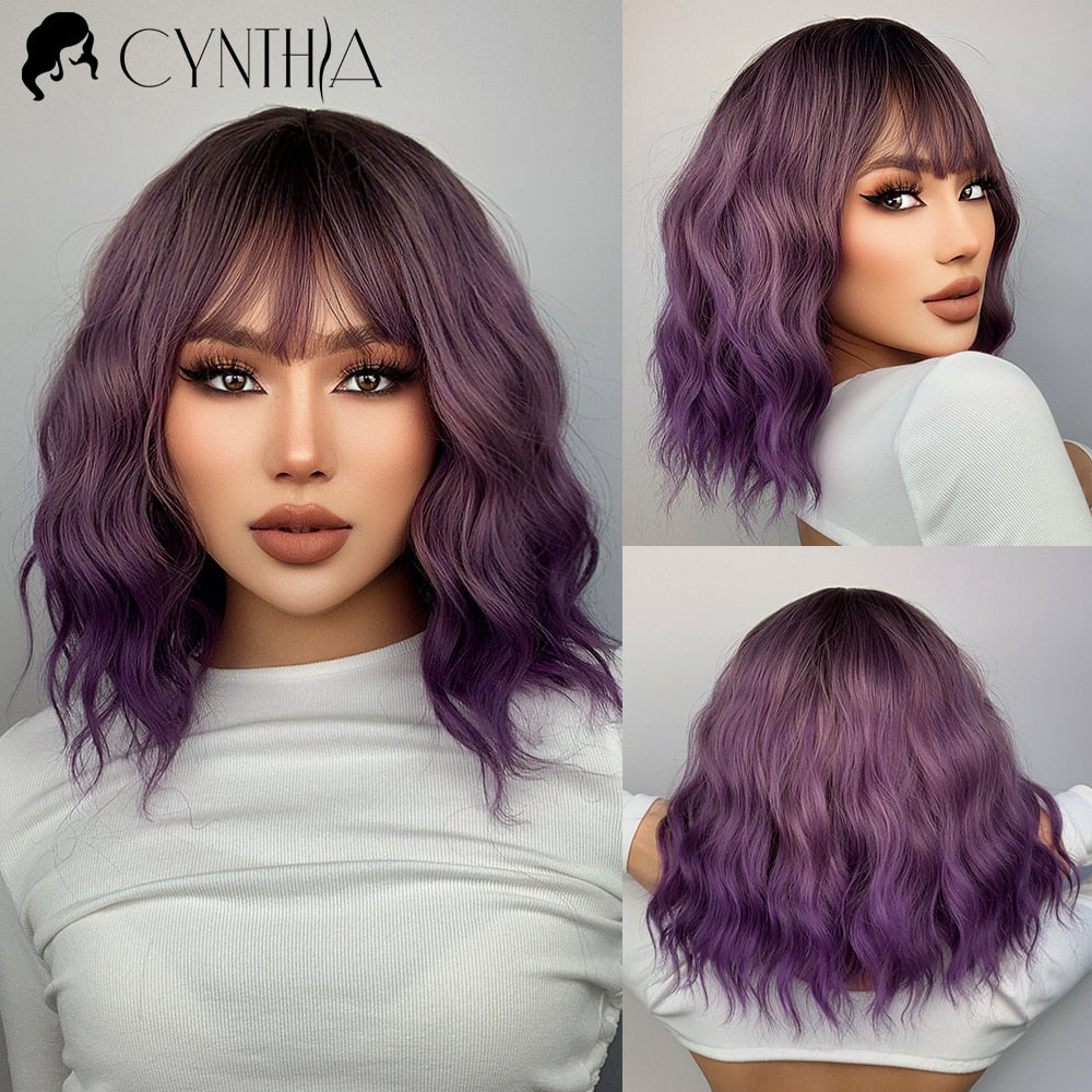 Ombre Blonde Short Bob Synthetic Wig For Women With Bangs White Gold Body Wave Cosplay Lolita Natural Heat Resistant Hair