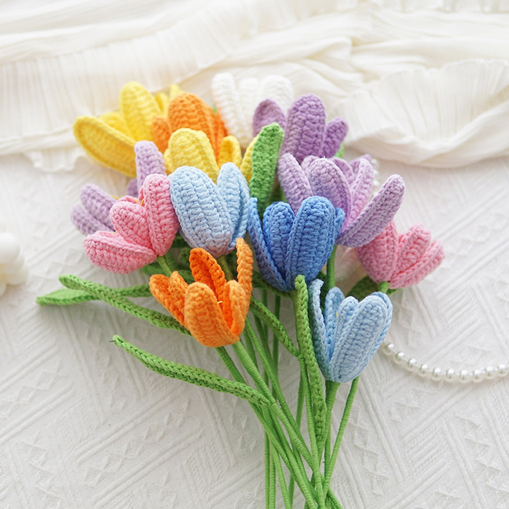 Finished Hand-Knitted Tulips Bouquet Handmade Crochet Fake Flowers for Home Decorate Handmade