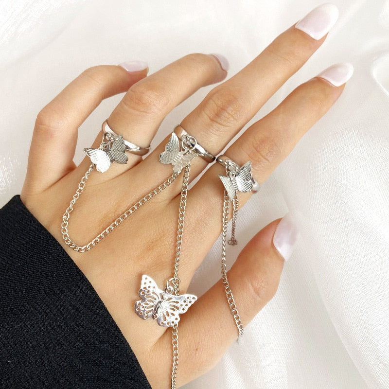 Vintage Bohemian Butterfly Gold Color Ring Sets Zircon Flower Leaf Open Rings for Women Simple Knuckle Accessories