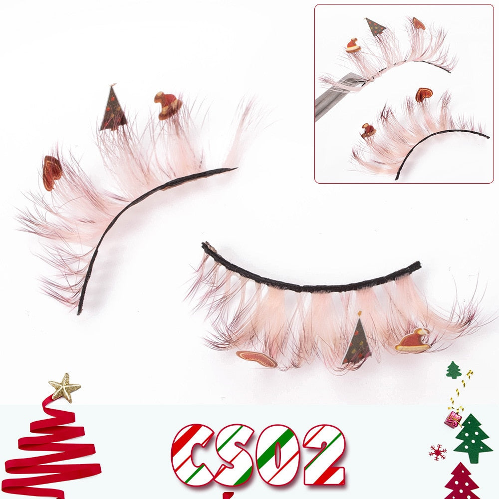 Faux Mink Lashes with Christmas Cartoon 3D False Eyelashes Christmas Party Makeup 25MM Eyelash Charming Colored Glitter