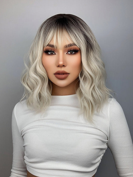 Ombre Blonde Short Bob Synthetic Wig For Women With Bangs White Gold Body Wave Cosplay Lolita Natural Heat Resistant Hair