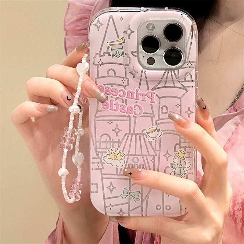 Retro glitter Pink castle Cartoon Bracelet Phone Case For iPhone 14 13 12 11 Pro Max Xr Xs 8 14 Plus Case Cute Sweet girls Cover