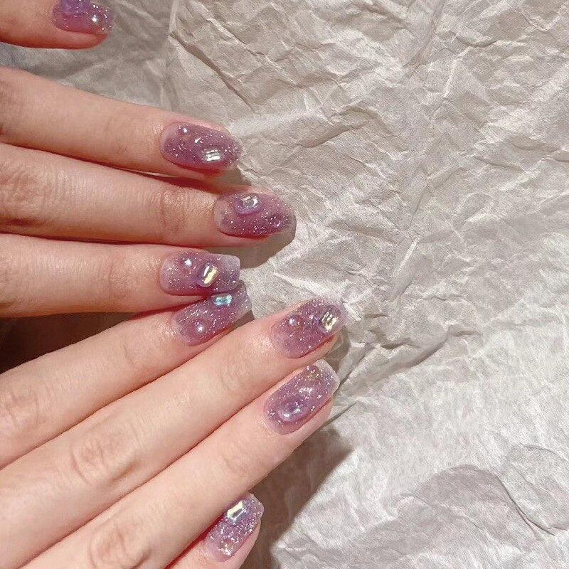 24pcs pink clouds design false nails with glue press on nails medium length acrylic nails coffin full cover nails tips supplies