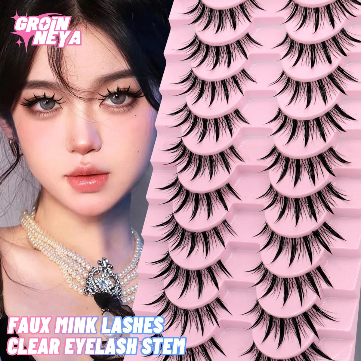 Manga Lashes 10 Pairs 3D Clear Band Lashes Natural Look Wispy Mink Eyelashes Fluffy Cat Eye Lashes Pack Fake Eyelashes