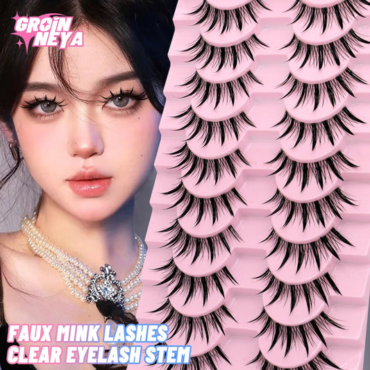 Manga Lashes 10 Pairs 3D Clear Band Lashes Natural Look Wispy Mink Eyelashes Fluffy Cat Eye Lashes Pack Fake Eyelashes