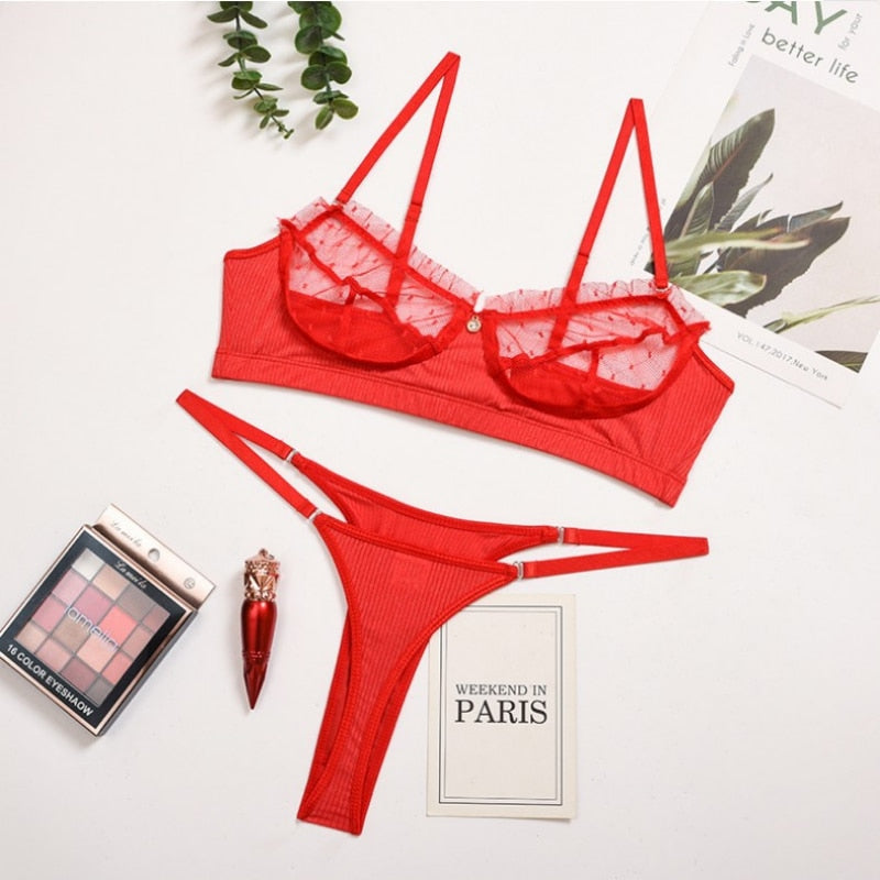 Women Lace Sensual Lingerie Set Sexy Dot Thong Erotic Underwear Mesh See Through Heart Ring Bra Bandage G-string Panties Suit