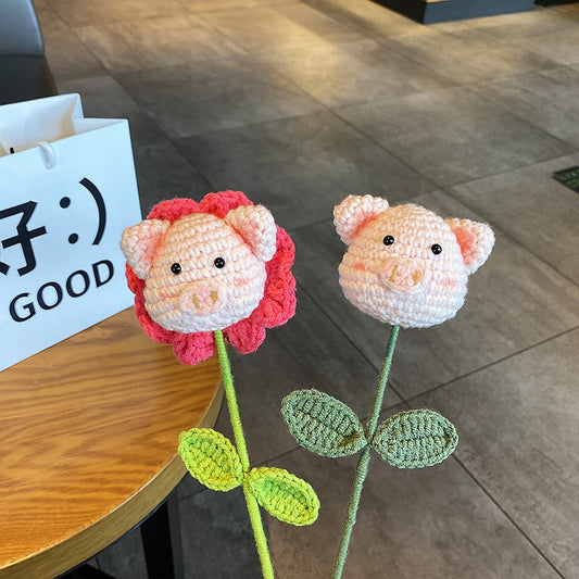 Hand-knitted Pig Crochet Flowers Bouquet Kawaii Animal Shape Artificial Flower Finished Homemade Home Decor Kids Gifts