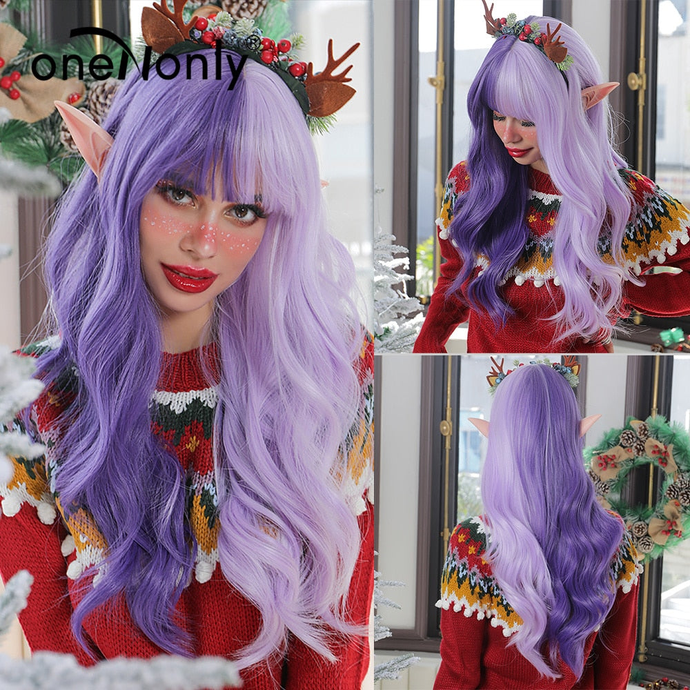 Purple Blue Wig with Bangs Long Wavy Cosplay Lolita Women Wigs Halloween Party High Temperature Hair