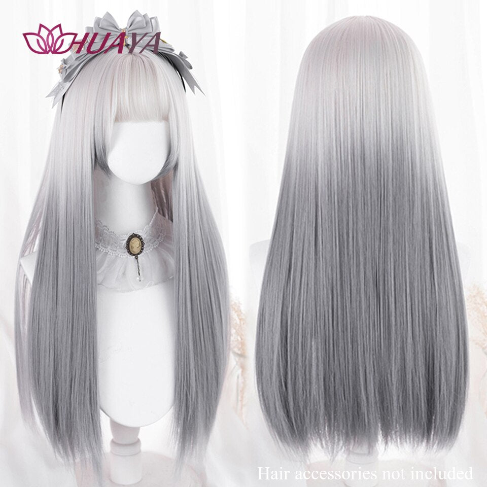 Long Straight Wig with Bangs Purple-White Heat Resistant Synthetic Hair Wigs for African American Girl Lolita Cosplay Wig