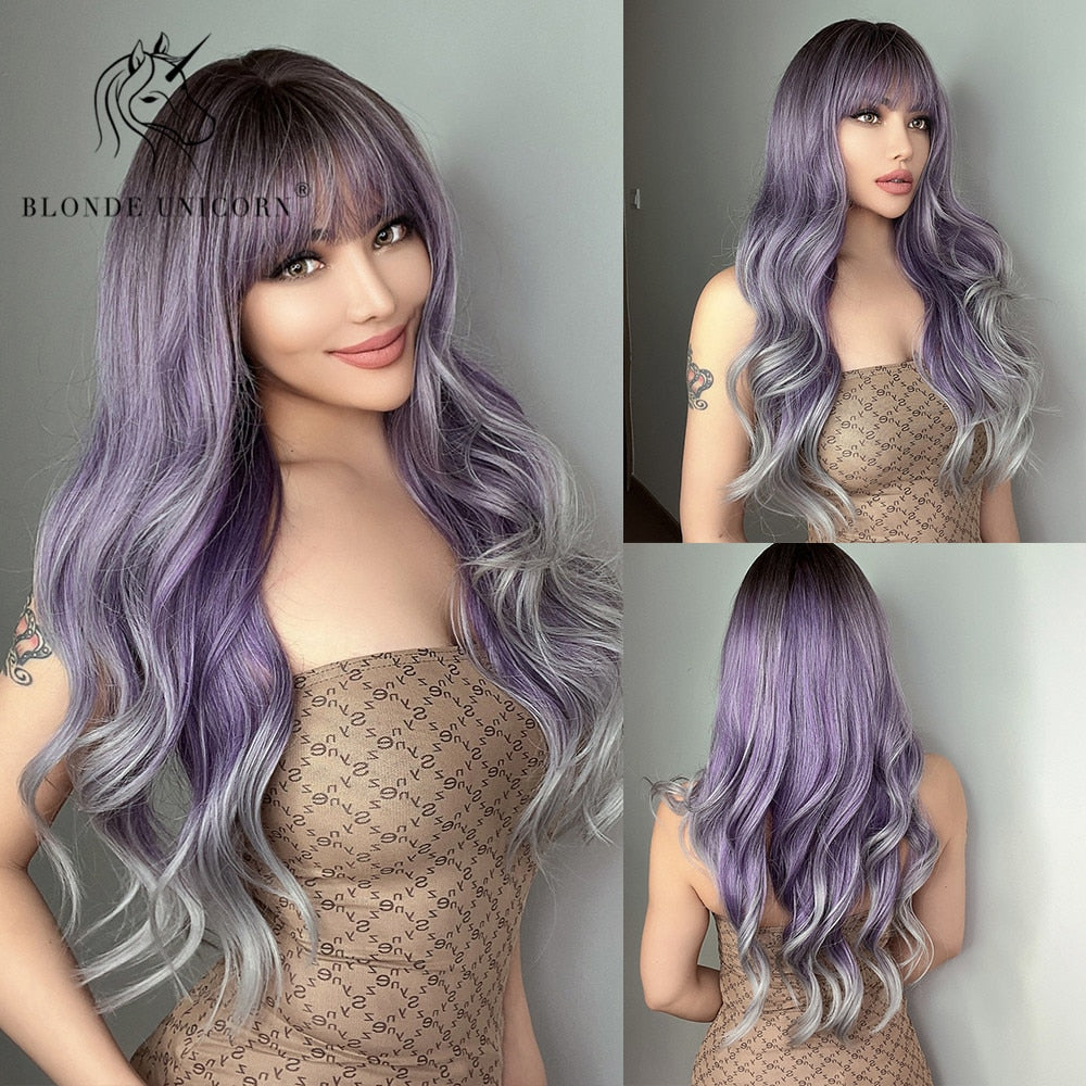 Blonde Unicorn Synthetic Long Wavy Wig Ombre Purple to Blue For WOMEN Cosplay halloween Wigs Heat Resistant Fiber Bangs Hair