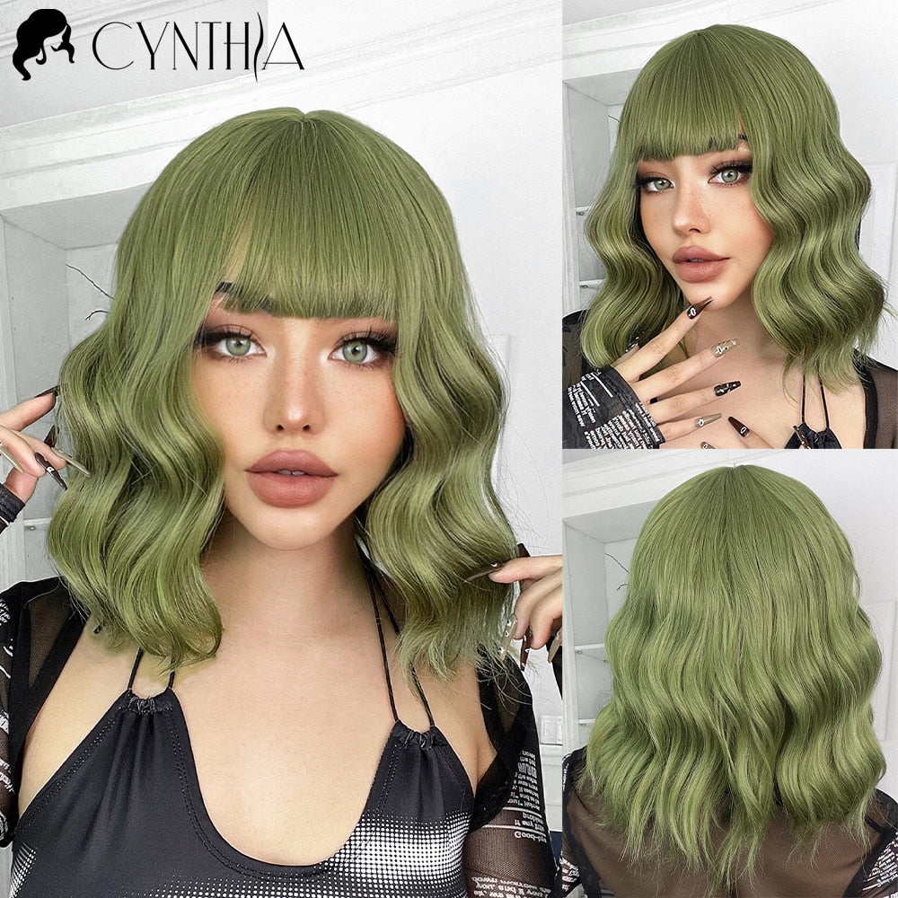 Ombre Blonde Short Bob Synthetic Wig For Women With Bangs White Gold Body Wave Cosplay Lolita Natural Heat Resistant Hair