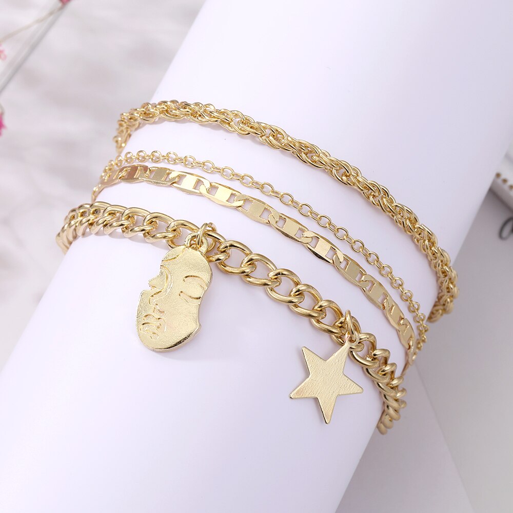 Bohemian Gold Color Angel Bracelets for Women Boho Jewelry Geometric Layered Pearl Hand Chain Charm Bracelet Set
