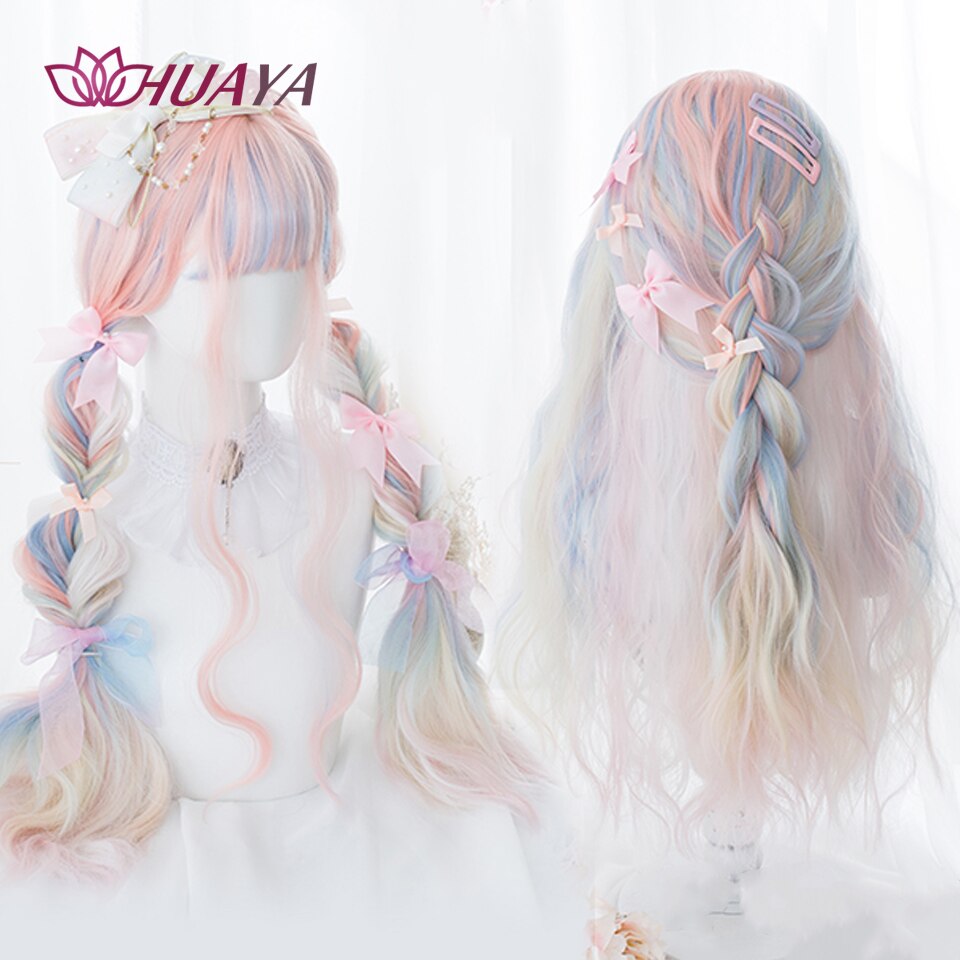 Long Straight Wig with Bangs Purple-White Heat Resistant Synthetic Hair Wigs for African American Girl Lolita Cosplay Wig