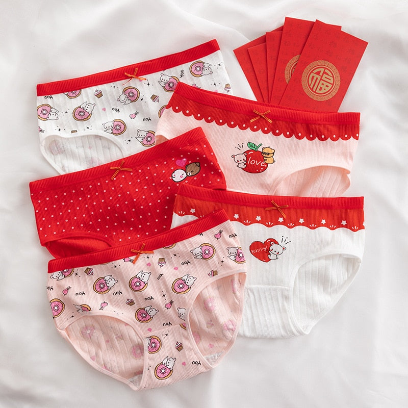 5Pcs/Set Cotton Underwear For Women Panties Cute Love Briefs Mid Waist Seamless Breathable Underpants Lingerie