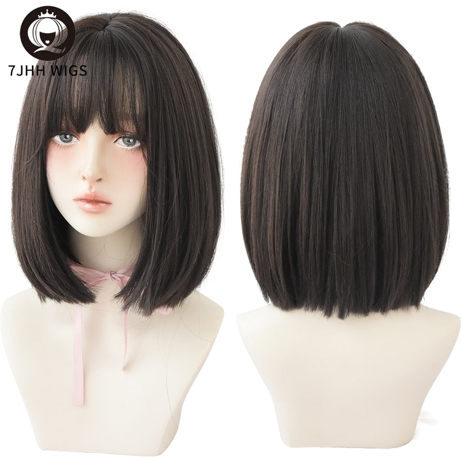 WIGS Black Short Bob Wig for Girl Daily Wear Synthetic Wig Natural Supple Summer Heat resistant Wig With Bangs
