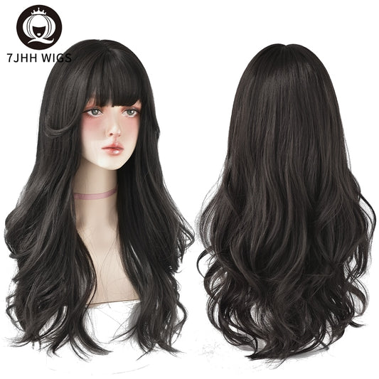 WIGS Brown Ash Long Deep Wave Hair Lolita Wigs With Bangs Synthetic Wig For Women Thick Curls Wigs