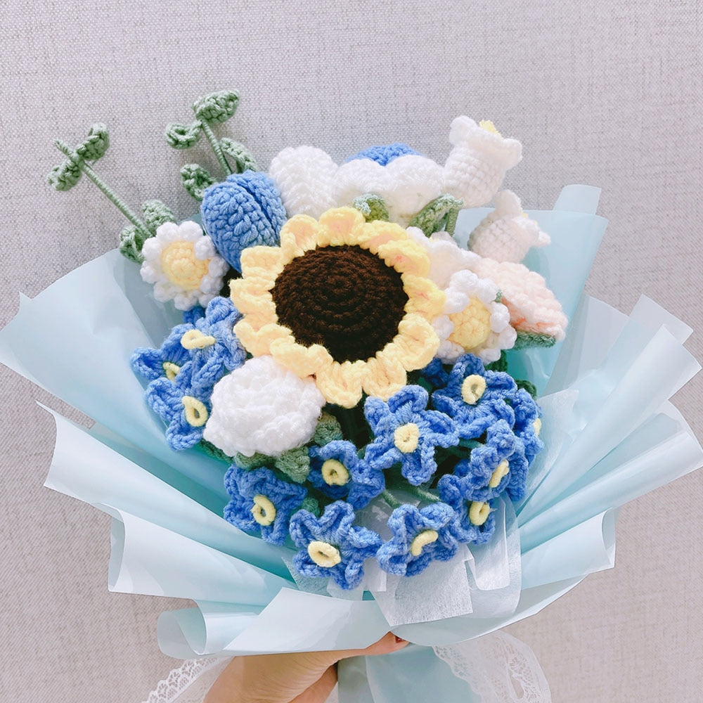 Finished Hand Knit Crochet Forget Me Not Flowers Handmade Flower Bouquet Home Decoration