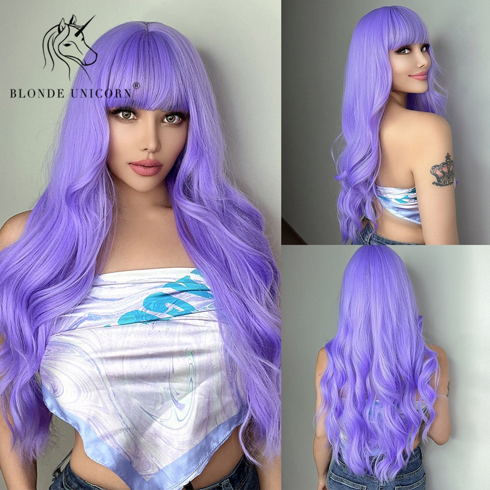 Blonde Unicorn Synthetic Long Wavy Wig Ombre Purple to Blue For WOMEN Cosplay halloween Wigs Heat Resistant Fiber Bangs Hair