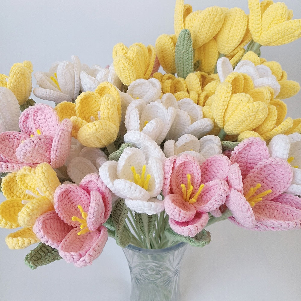 Finished Hand-Knitted Tulips Bouquet Handmade Crochet Fake Flowers for Home Decorate Handmade