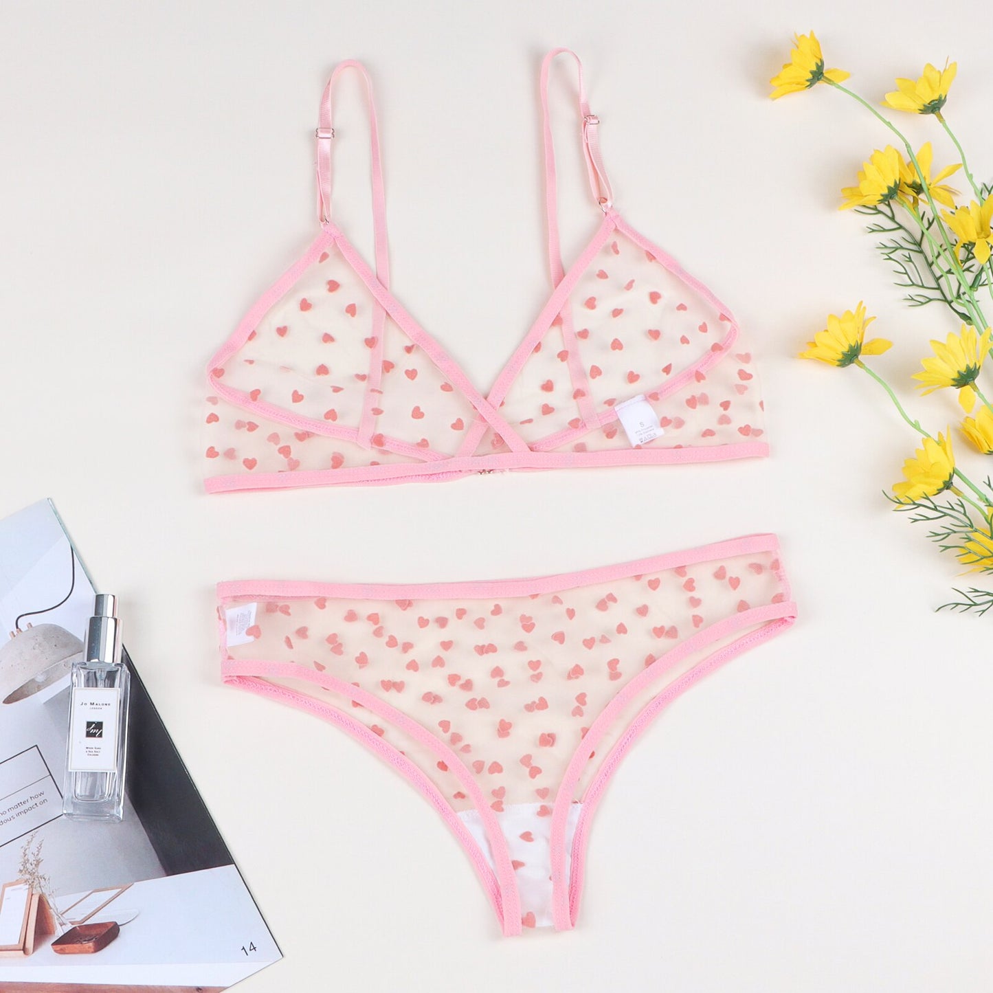 Women Lace Sensual Lingerie Set Sexy Dot Thong Erotic Underwear Mesh See Through Heart Ring Bra Bandage G-string Panties Suit
