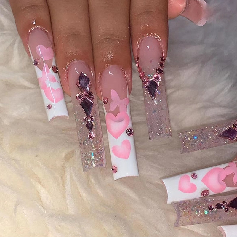 24Pcs Wearable False Nails with glue Long Ballerina Pink Press On Nails French Full Cover Coffin Fake Nails tip with rhinestones