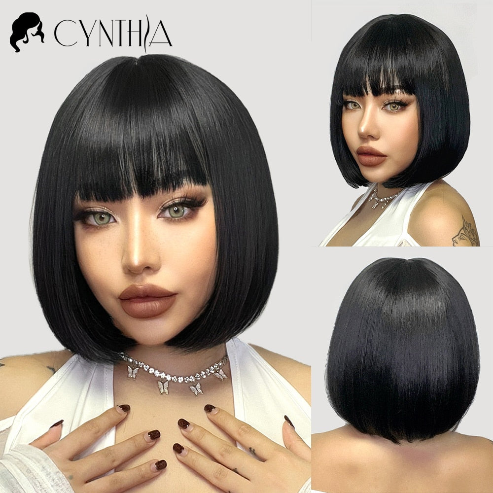 Green Short Bob Hair Synthetic Wig For Woman With Bangs Blonde Ombre Pink Cosplay Lolita Party Heat Resistant Daily Natural Hair
