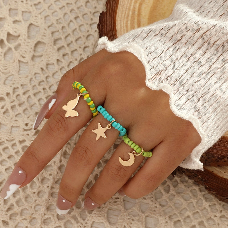 Vintage Boho Crystal Butterfly Flower Rings Set For Women Elegant Geometric Leaf Chain Tassel Knuckle Finger Rings Party Jewelry