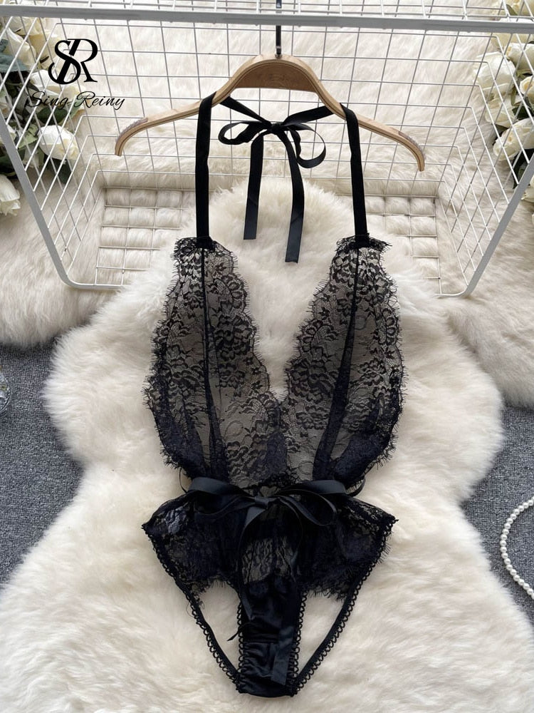 Erotic Mesh Sheath Rompers Women Backless Sensual Underwear Short Playsuits Ladies Transparent Lace Sexy Bodysuits